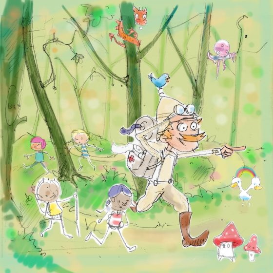 Andy's pencil drawing with colour . It depicts a male adventurer running through the woods followed by children