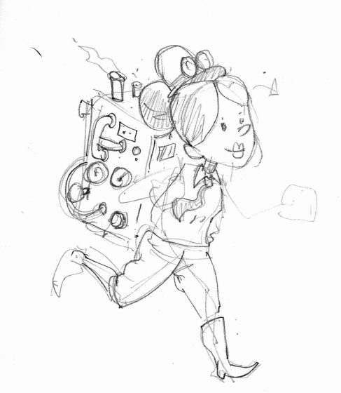 Andy's pencil drawing of a woman adventurer running