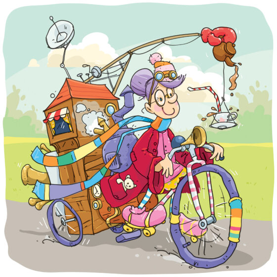 cartoon of a lady on a 3 wheeled steam powered bicycle