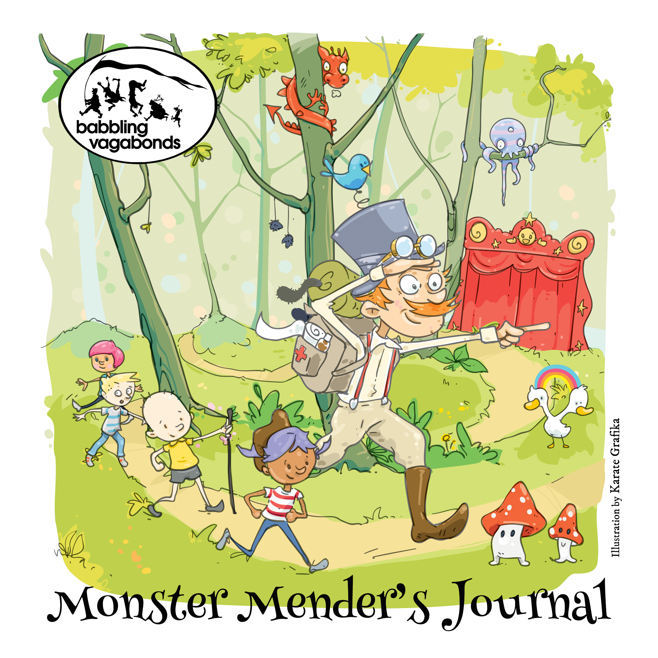 Monster Menders journal with a man in the woods leading a line of children