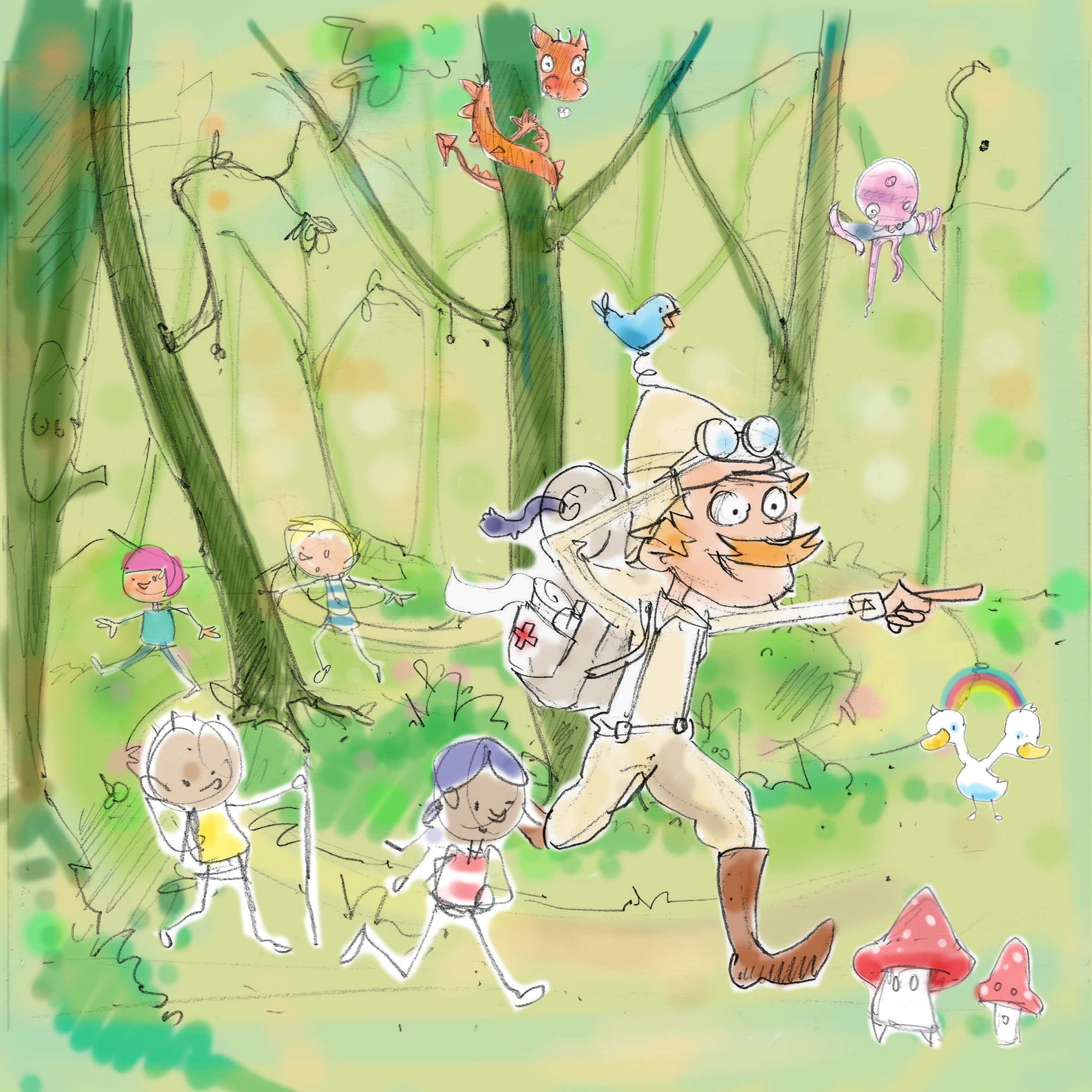 Andy's pencil drawing with colour . It depicts a male adventurer running through the woods followed by children