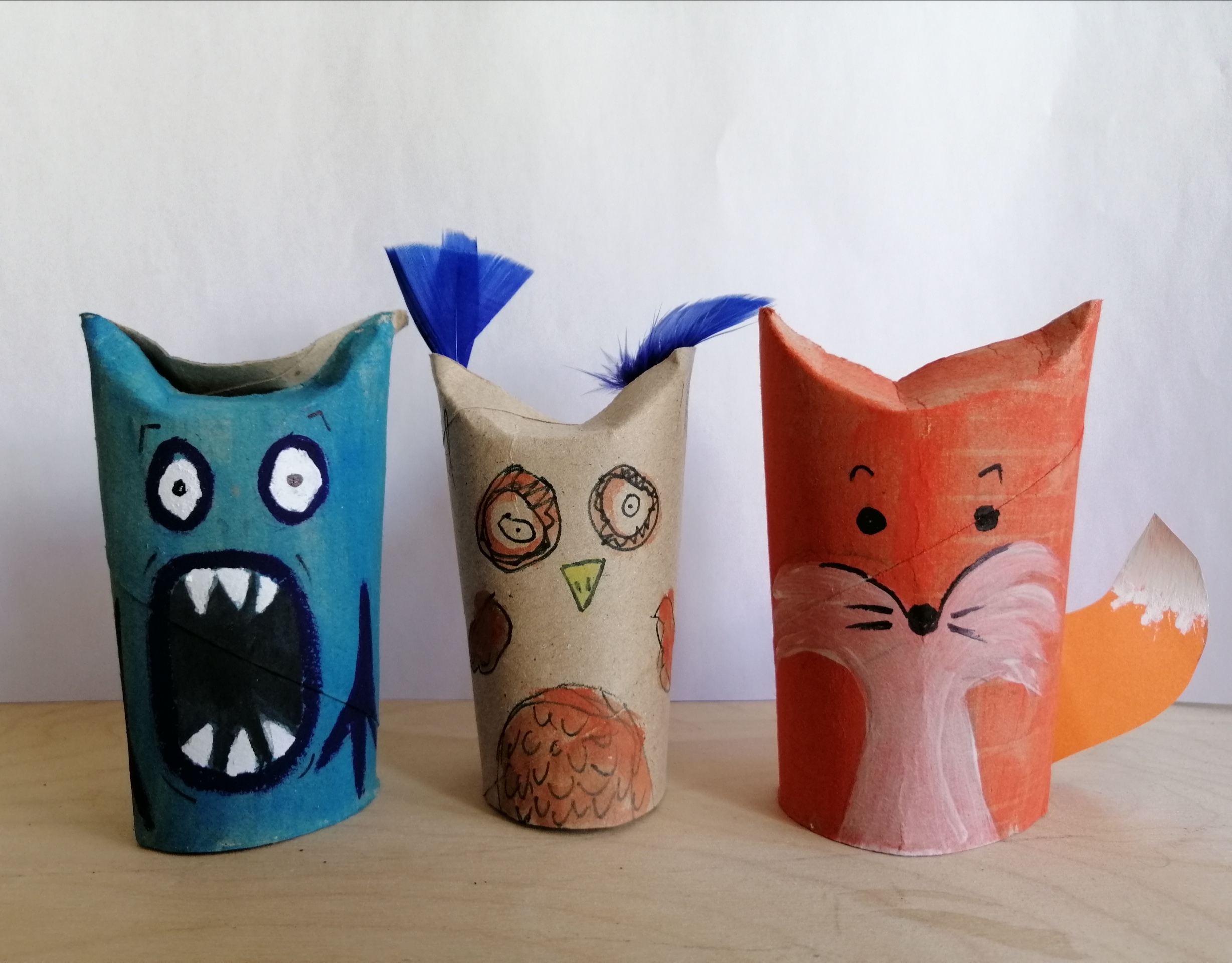 Monster, owl and a fox toilet roll cardboard tube character