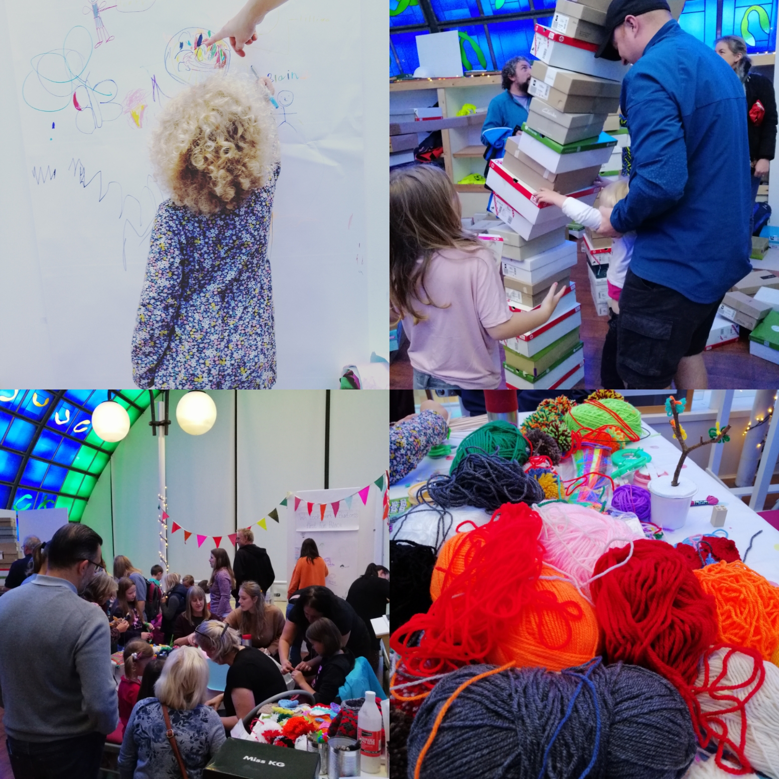 Four photos showing people joining in with various creative activites