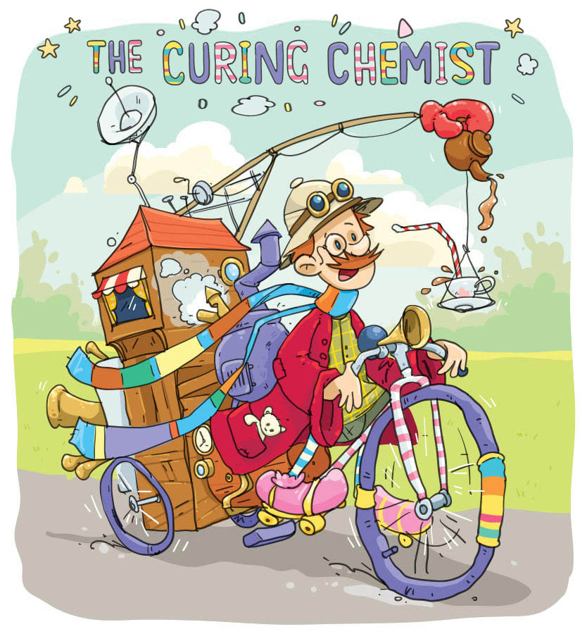 cartoon image of a man on a strange looking bicycle, thats pullinga mini shed with an ariel coming out the top