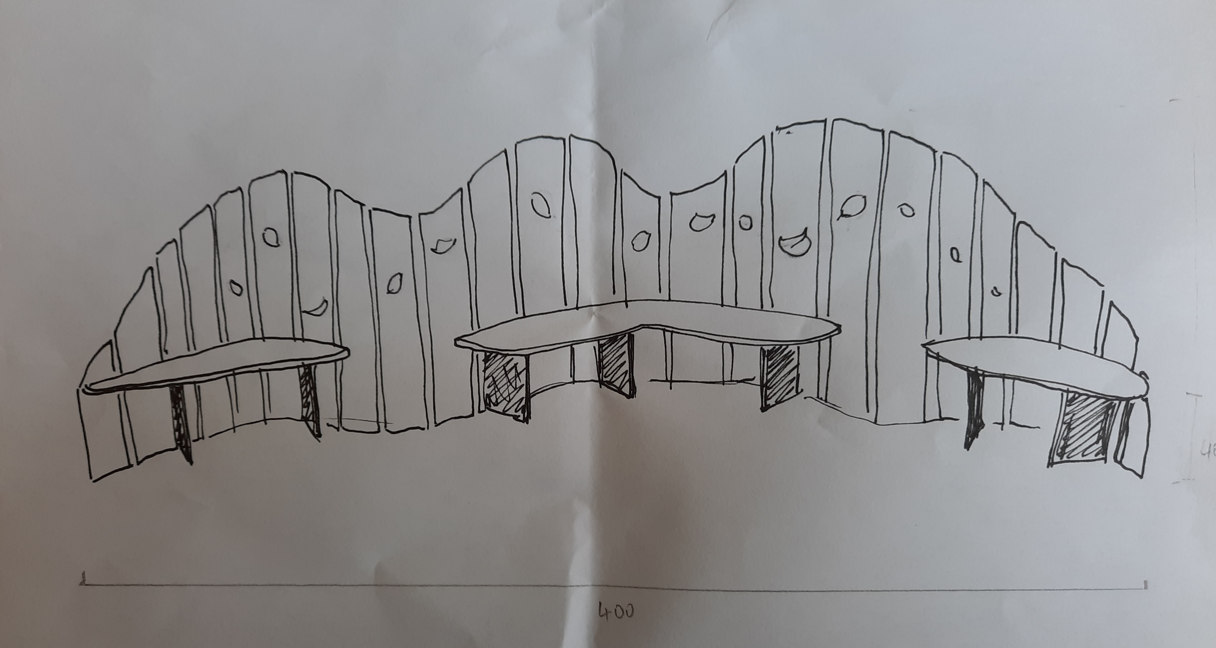 Sketch of a bench design that has a curved back and seats with leaf shapes cut out on the backrest