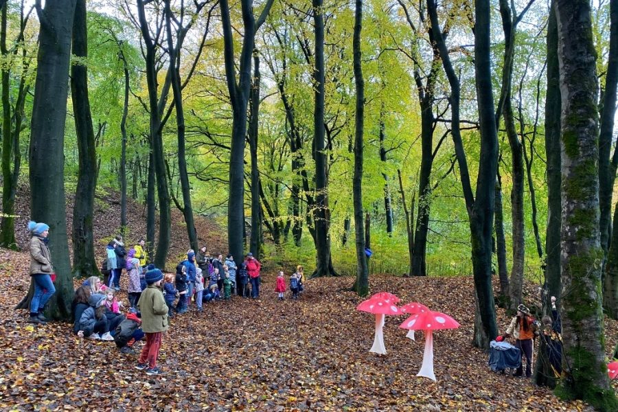 An audience gather in a woodland and there are brown leaves on the ground. They are watching a theatre show and there are big red mushrooms as the set.