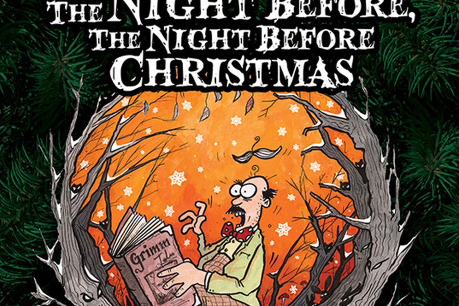 A cartoon drawing on an old man sitting in a wood reading a fairytale book. He has a shocked look on his face and his wig has taken off! The image is set on fir trees and the title Brothers Grimm in the night before the night before christmas