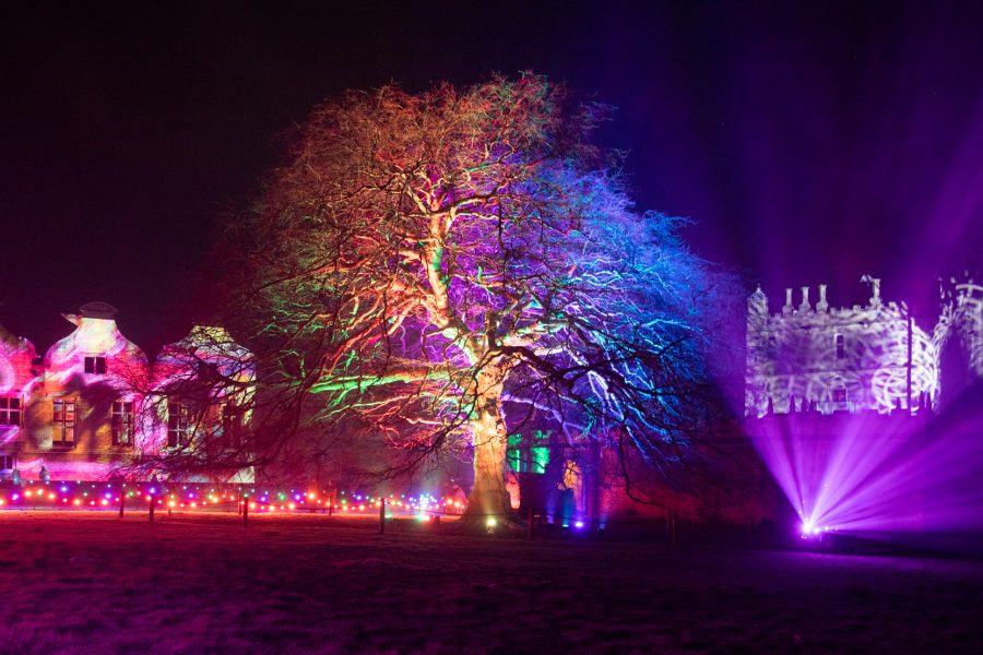 Night time image of bolsover castle. There is a big tree lit up with coloured lights and the other buildings are also a glow of coloured light.