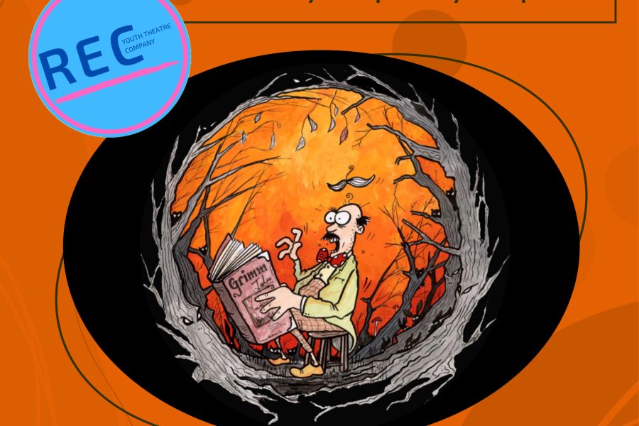 A poster of a theatre show. It has an orange back ground with the title tall tales. In the middle is a black oval and inside the black oval is a cartoon drawing of a man looking scared reading a book in a wood
