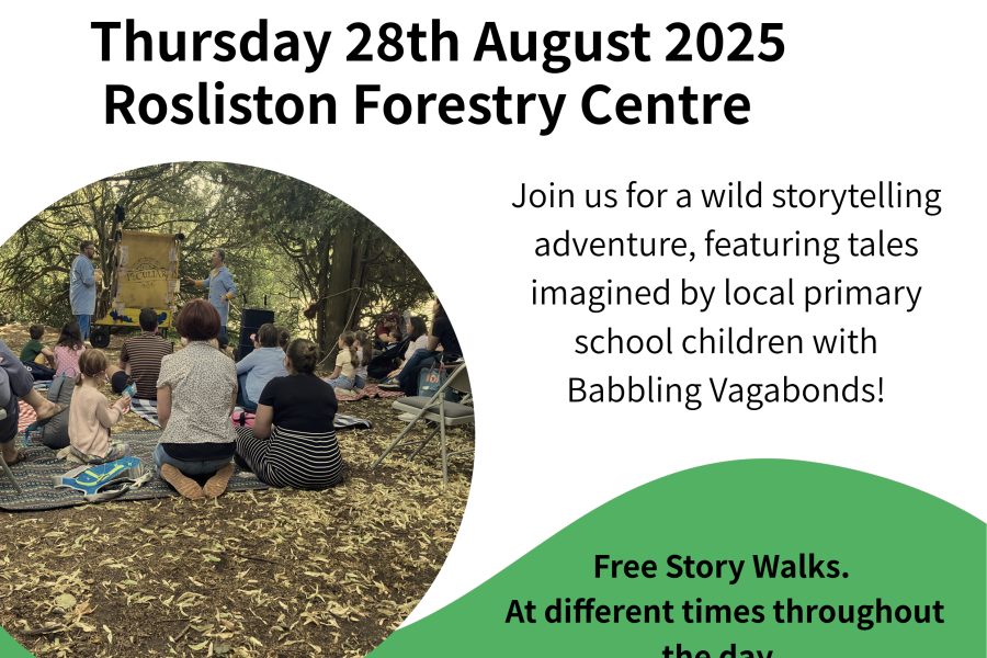 The Lost Tales Of Rosliston. A poster for a story walk happening at Rosliston Forestry Centre