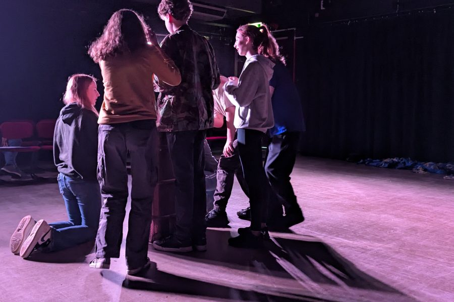 6 young people with their backs to the camera are gathered around a large brown suitcase. They are in a darkened theatre space and their shadows fill tyhe floor behind them