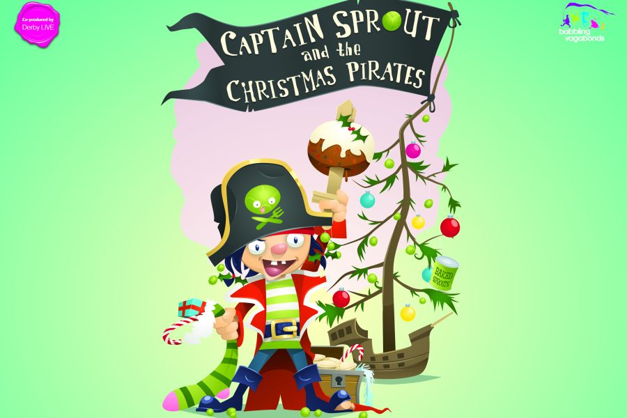 A cartoon picture of a young child dressed as a pirate in front of a spindly looking Christmas tree