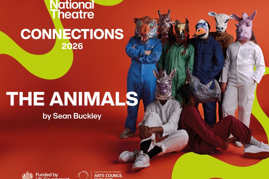 a group of young people are dressed in overalls and wearing animal masks. They are stood against a red background