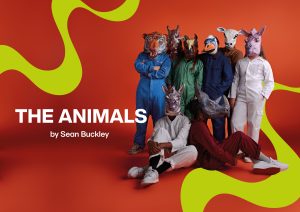 The Animals - Young people dressed in colourerd boiler suits with rubber animal masks on stand and look at the camers. They are positioned on a red background with lime greeen swirls going across the image