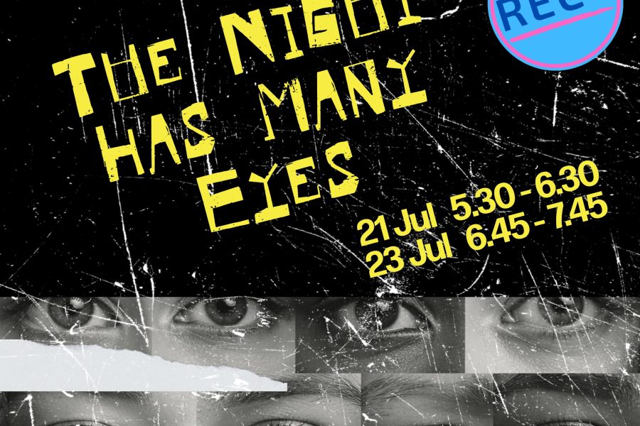 A poster titled The Night Has Many Eyes. There are black and white eyes looking out and the text is a combination of yellow and white lettering