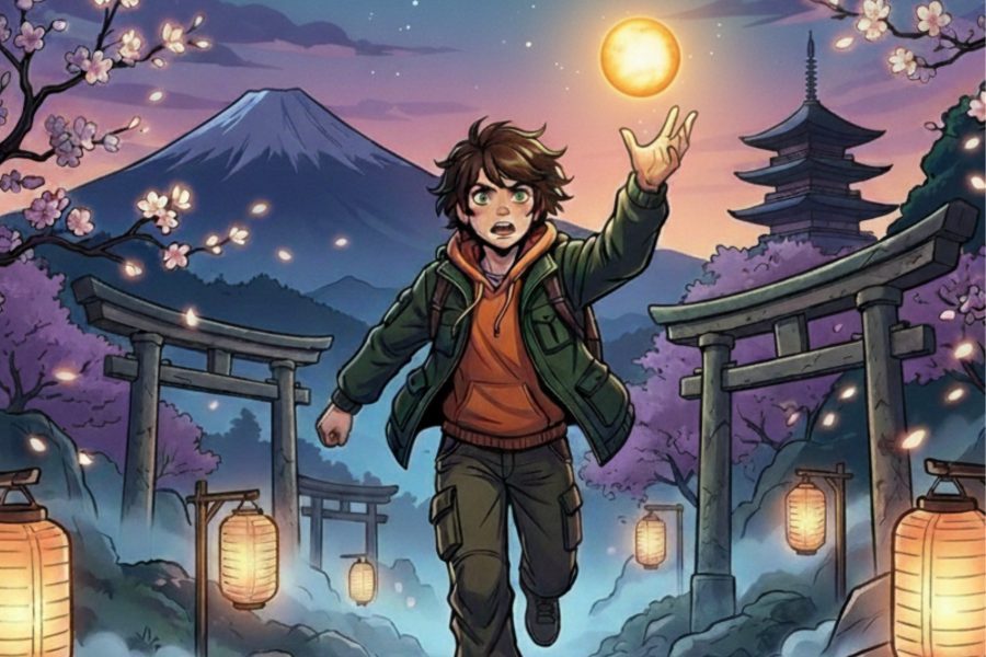 Manga style image of a young person running trying to catch a glowing orb. It is nightitme and a crescent moon is in the sky. Behind them are montains and cherry blossom and glowing chinese lanterns light a pathway
