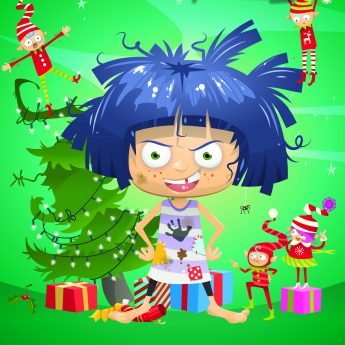 A cartoon style image of a naughty girl wrecking a christmas tree and upsetting the elves