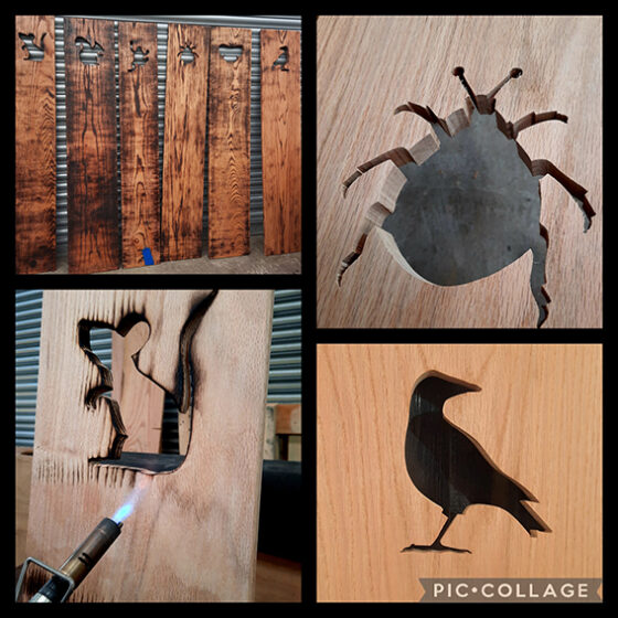 A collection of photos of cut out animal shapes on oak boards