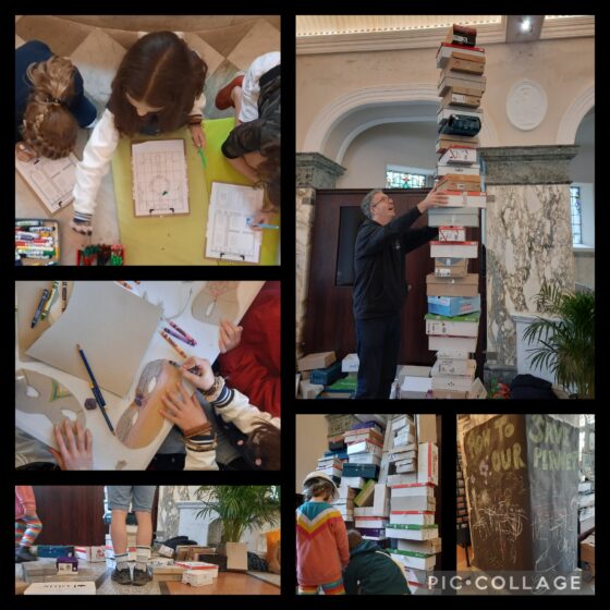 A collage of photos that show people having fun participating in creative tasks like drawing and building towers from cardboard boxes